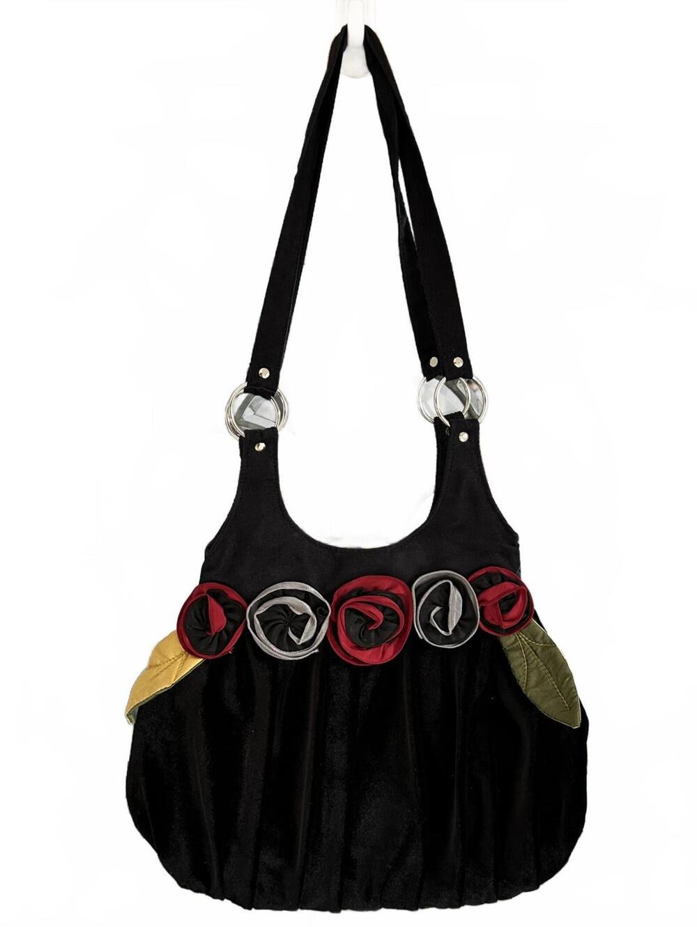 Concubine Handmade Black Velvet Shoulder Bag with Satin Floral Accents